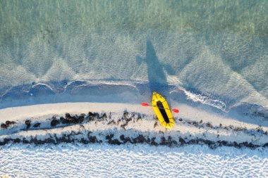 Kırmızı yüzgeçli sarı yük kamyonu.