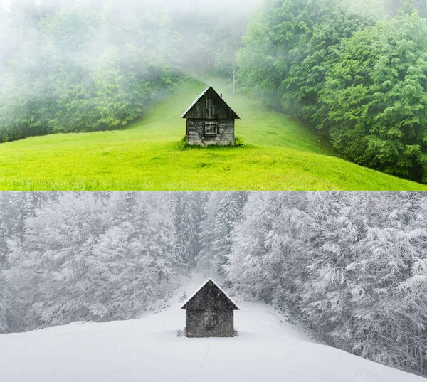 Colagem de duas imagens de uma cabana de madeira na floresta — Fotografia de Stock