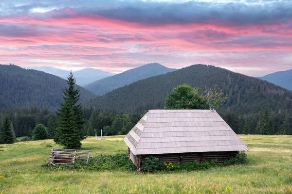 Malebná letní louka s dřevěným domem — Stock fotografie