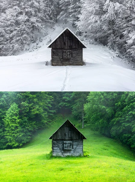Koláž dvou obrazů dřevěné chaty v lese — Stock fotografie