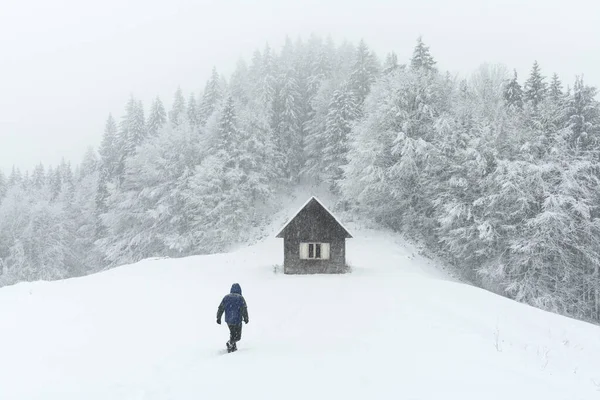 Minimalistická zimní krajina s dřevěným domem — Stock fotografie
