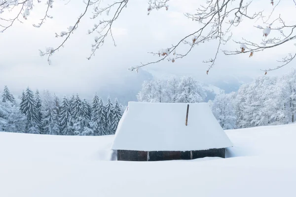 Paisagem fantástica com casa nevada — Fotografia de Stock