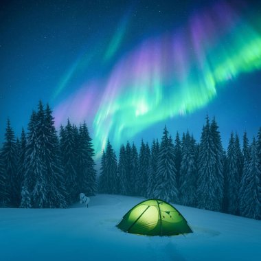 Kış ormanı, karla kaplı ağaçların arasında parlayan yeşil çadırı yıldızlı gökyüzünün altında Aurora Borealis dalgaları ve kuzey ışıkları ile dolu. Aydınlatılmış çadırlı karlı ormanlık alanda gece kamp sahnesi