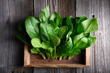 Parlak yeşil ıspanak yaprakları ve ahşap kabın içindeki nemli çiftlik evi stili masa. Taze hasat, ekolojik gıda kullanımı ve sağlıklı beslenme konsepti. Üst görünüm