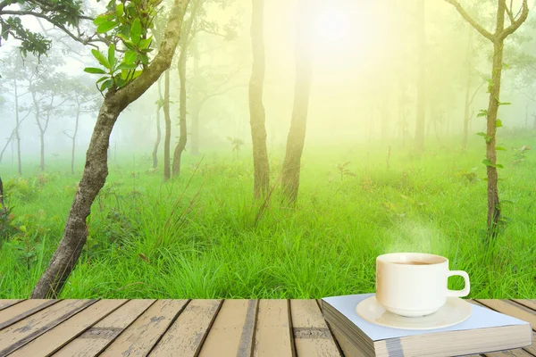 숲 속의 나무 탁자 위에 놓인 커피 한 잔 — 스톡 사진