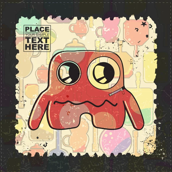 Monstre mignon sur timbre-poste grunge — Image vectorielle