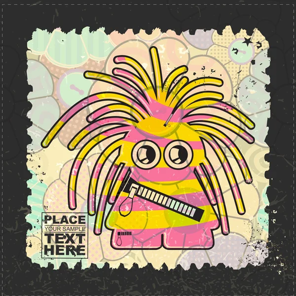 Leuke Monster op grunge postzegel. — Stockvector