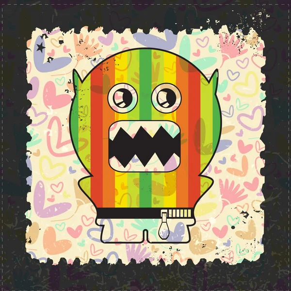 Cute Monster on grunge postage stamp — Stock Vector