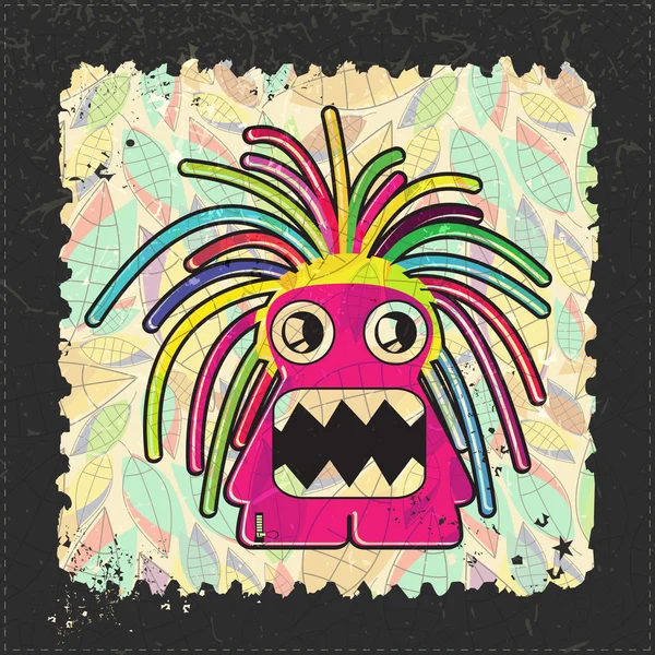 Monstre mignon sur timbre-poste grunge — Image vectorielle