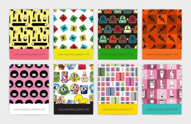 Farklı renkli canavarlar ve robotlar ile sekiz seamless modeli kümesi.