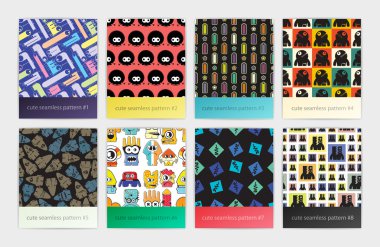 Farklı renkli canavarlar ve robotlar ile sekiz seamless modeli kümesi.