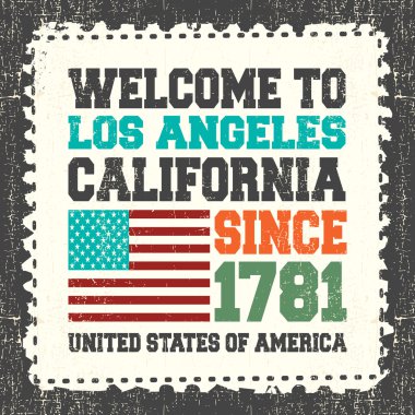 Metin Los Angeles California hoş geldiniz: davetiyeli. Grunge posta pulu beri 1781 ve Amerikan bayrağı.