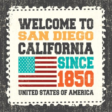 Metin San Diego California hoş geldiniz: davetiyeli. Grunge posta pulu beri 1850 ve Amerikan bayrağı.