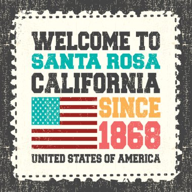 Santa Rosa, Kaliforniya'ya hoş geldiniz yazılı davetiye kartı. 1868 yılından bu yana grunge posta pulu üzerinde Amerikan bayrağı.