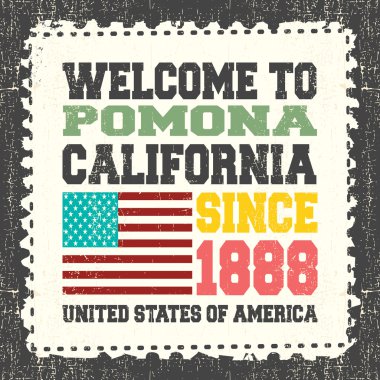 Santa Pomona'ya hoş geldiniz. 1888 yılından bu yana grunge posta kütüğü üzerinde Amerikan bayrağı.