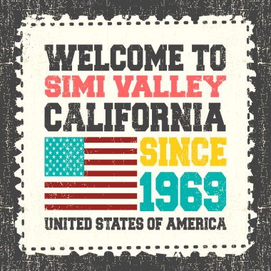 Metinli davetiye kartı Simi Valley, California'ya hoş geldiniz. 1969 yılından bu yana ve grunge posta kütüğü üzerinde Amerikan bayrağı.