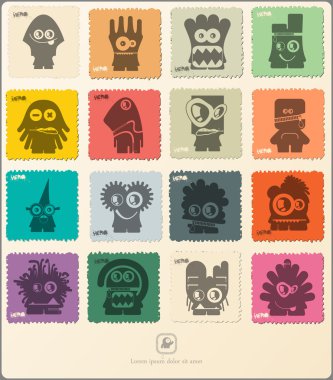 Retro'nın pulu komik canavarlar ile kümesi.