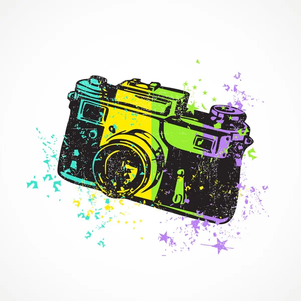 Old camera with dirty shapes on grunge background. — Stock Vector