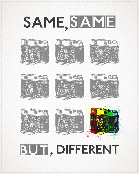 Affisch med gamla kameran och text samma, samma, men olika — Stock vektor