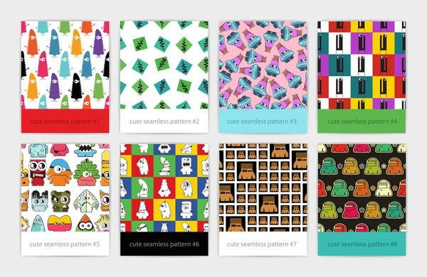 Conjunto de ocho patrones sin costura con diferentes monstruos y robots de colores . — Archivo Imágenes Vectoriales