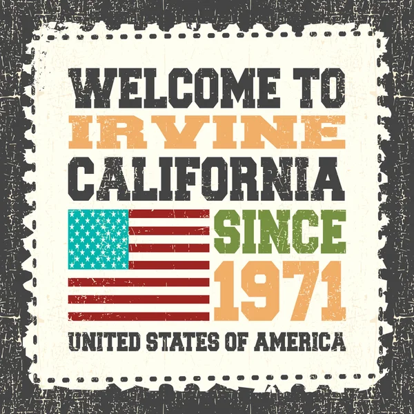 Запрошення картки з текстом Ласкаво просимо в Ірвайн, штат Каліфорнія. З 1971 і американський прапор на грандж поштова марка. — стоковий вектор