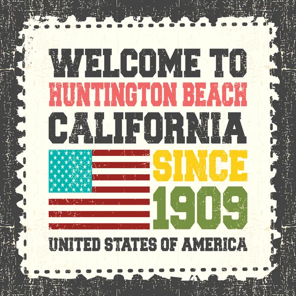 Uitnodigingskaart met tekst Welkom bij Huntington Beach California. Sinds 1909 en Amerikaanse vlag op grunge postzegel. — Stockvector