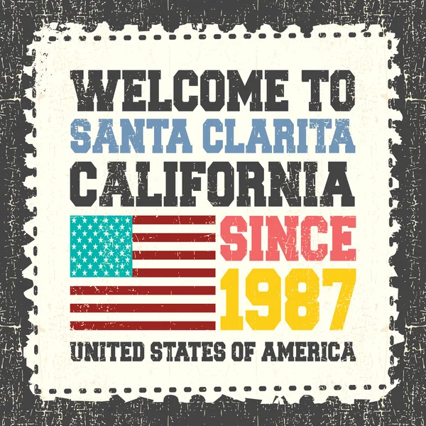 Tarjeta de invitación con texto Bienvenidos a Santa Clarita California. Desde 1987 y bandera americana en grunge stump franqueo . — Vector de stock