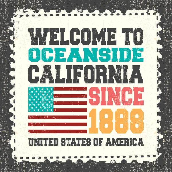 Oceanside California'ya hoş geldiniz yazılı metinli davetiye kartı. 1888 yılından bu yana grunge posta pulu üzerinde Amerikan bayrağı.