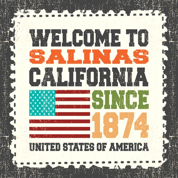 Tarjeta de invitación con texto Bienvenido a Salinas California. Desde 1874 y bandera americana en grunge stump franqueo . — Vector de stock