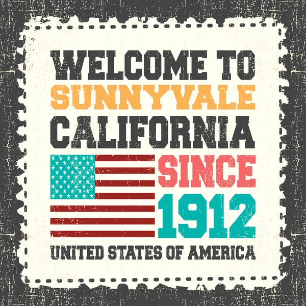Sunnyvale, Kaliforniya'ya hoş geldiniz yazılı davetiye kartı. 1912 yılından bu yana ve grunge posta kütüğü üzerinde Amerikan bayrağı.