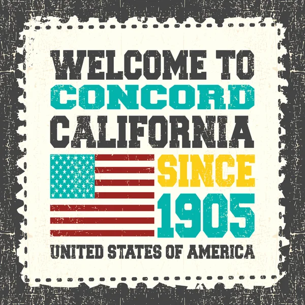 Tarjeta de invitación con texto Bienvenido a Concord, California. Desde 1905 y bandera americana en grunge stump franqueo . — Vector de stock