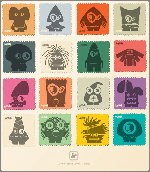 Jeu de timbres postaux rétro avec des monstres drôles . — Image vectorielle