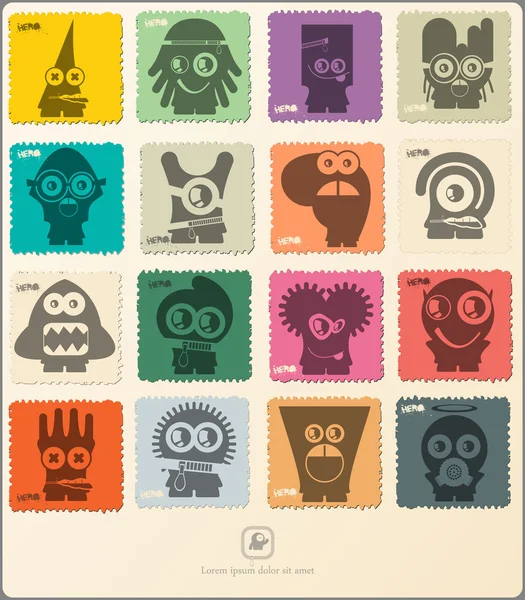 Набор ретро-почтовых марок со смешными монстрами . — стоковый вектор