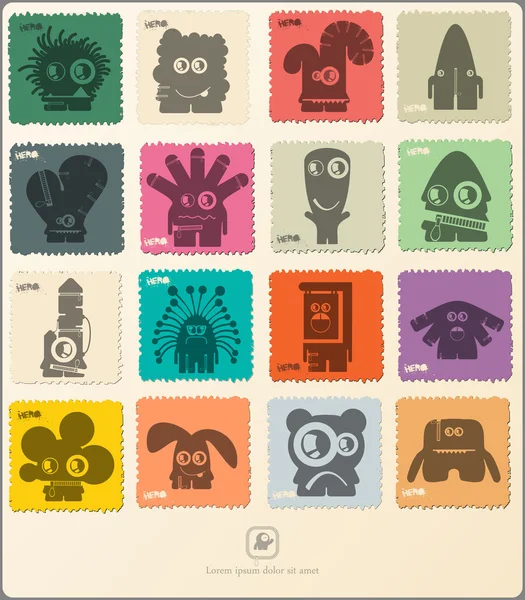 Set van retro postzegel met grappige monsters. — Stockvector