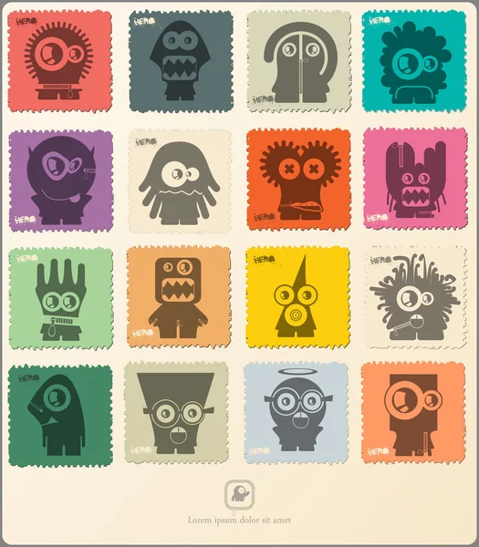 套复古邮票与有趣的怪物. — 图库矢量图片