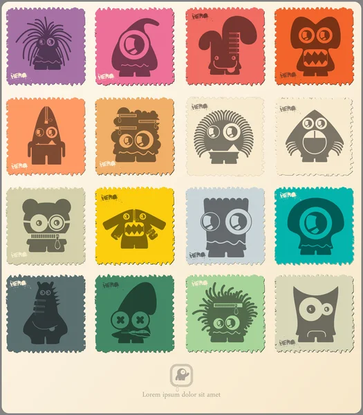 Set van retro postzegel met grappige monsters. — Stockvector