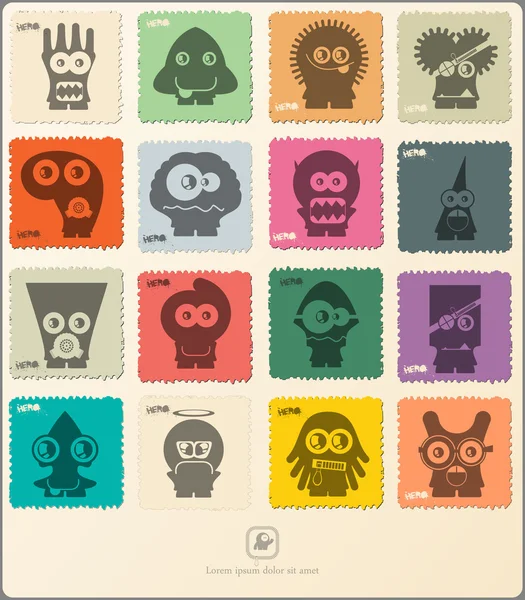 Set van retro postzegel met grappige monsters. — Stockvector