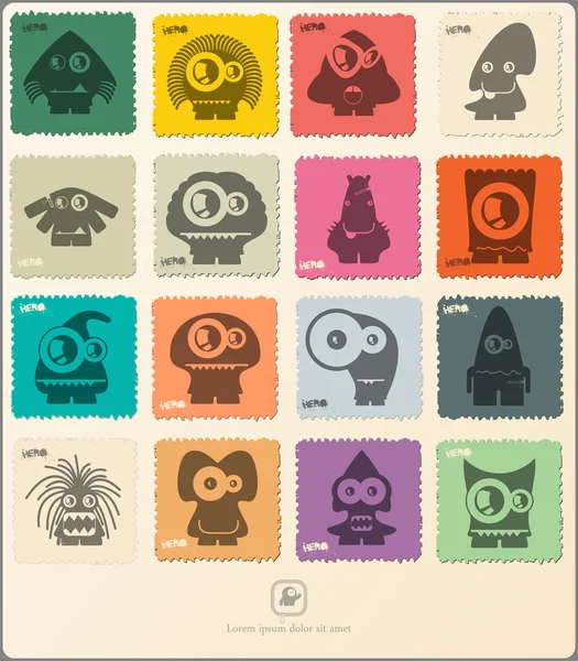 Set van retro postzegel met grappige monsters. — Stockvector