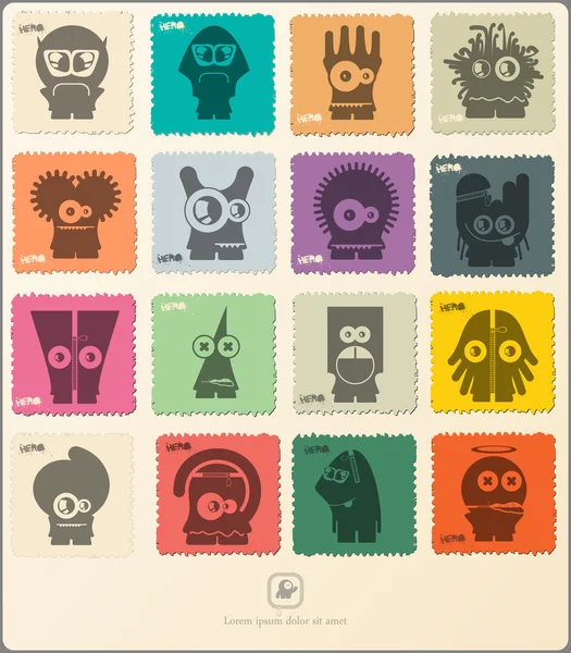 Set of retro postage`s stamp with funny monsters. — Stock Vector