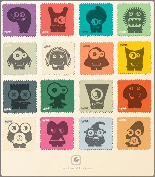 Набір ретро поштових марок зі смішними монстрами . — стоковий вектор