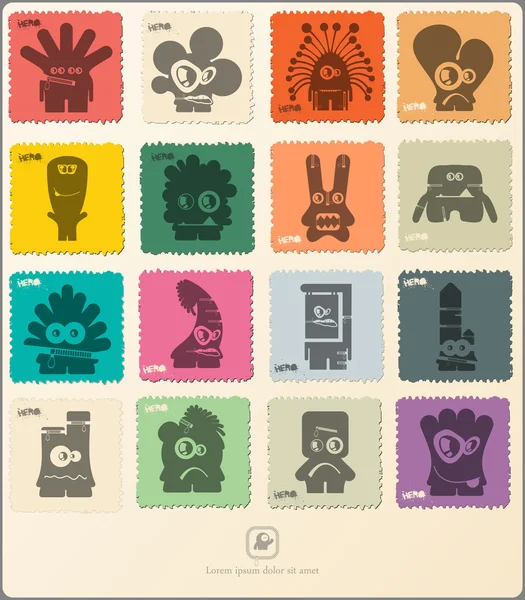 Set of retro postage`s stamp with funny monsters. — Stock Vector