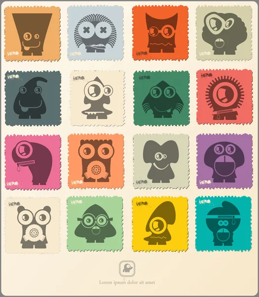 Jeu de timbres postaux rétro avec des monstres drôles . — Image vectorielle