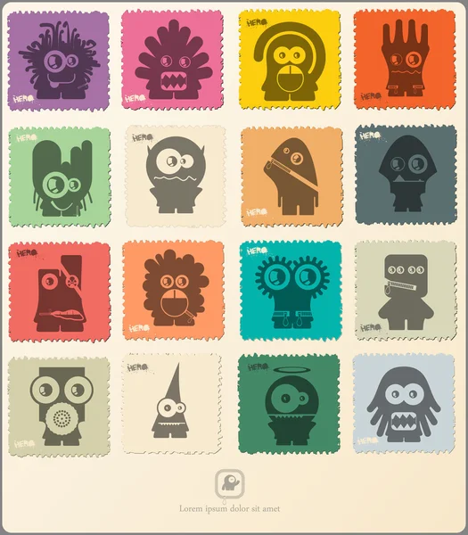 Set van retro postzegel met grappige monsters. — Stockvector