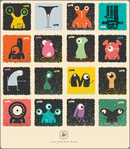 Set van retro postzegel met grappige kleur monsters. — Stockvector