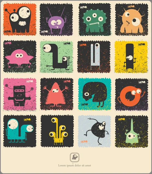Conjunto de sello de franqueo retro con divertidos monstruos de color . — Vector de stock