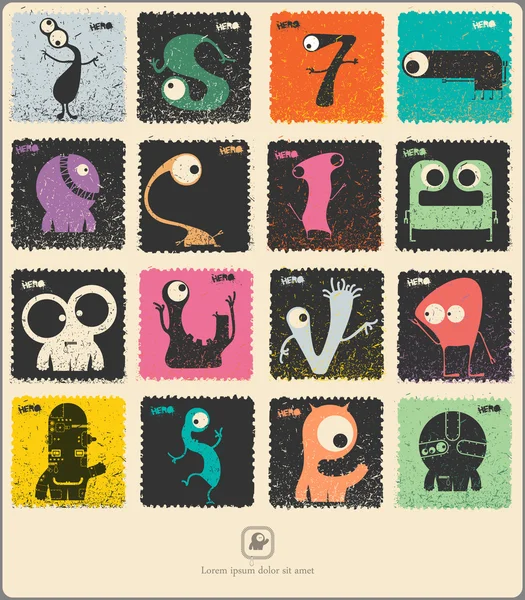 Set van retro postzegel met grappige kleur monsters. — Stockvector