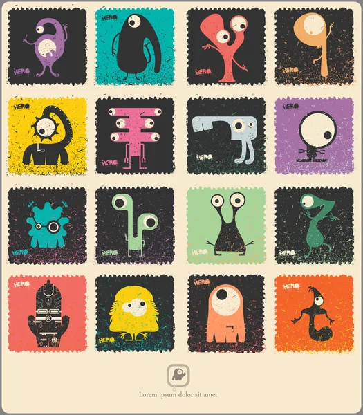 Set van retro postzegel met grappige kleur monsters. — Stockvector