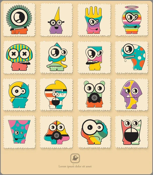 Set of retro postage`s stamp with funny color monsters. — Stock Vector