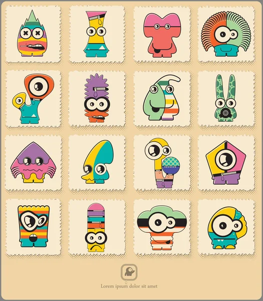 Set of retro postage`s stamp with funny color monsters. — Stock Vector