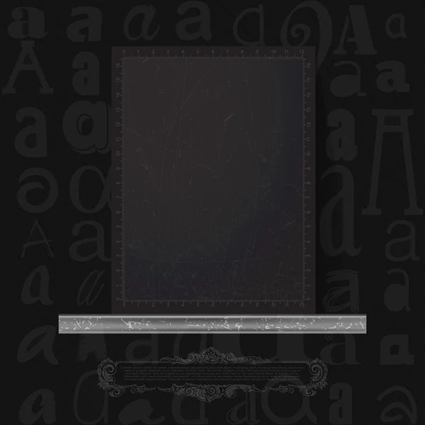 Tablero negro limpio en objeto arquitectónico con marco vintage sobre fondo místico negro con patrón sin costuras alfabeto . — Vector de stock